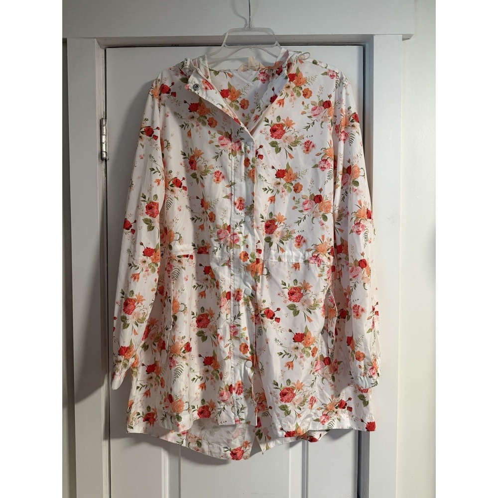 Linda Anderson windbreaker raincoat orange floral hooded snap zip size XXL